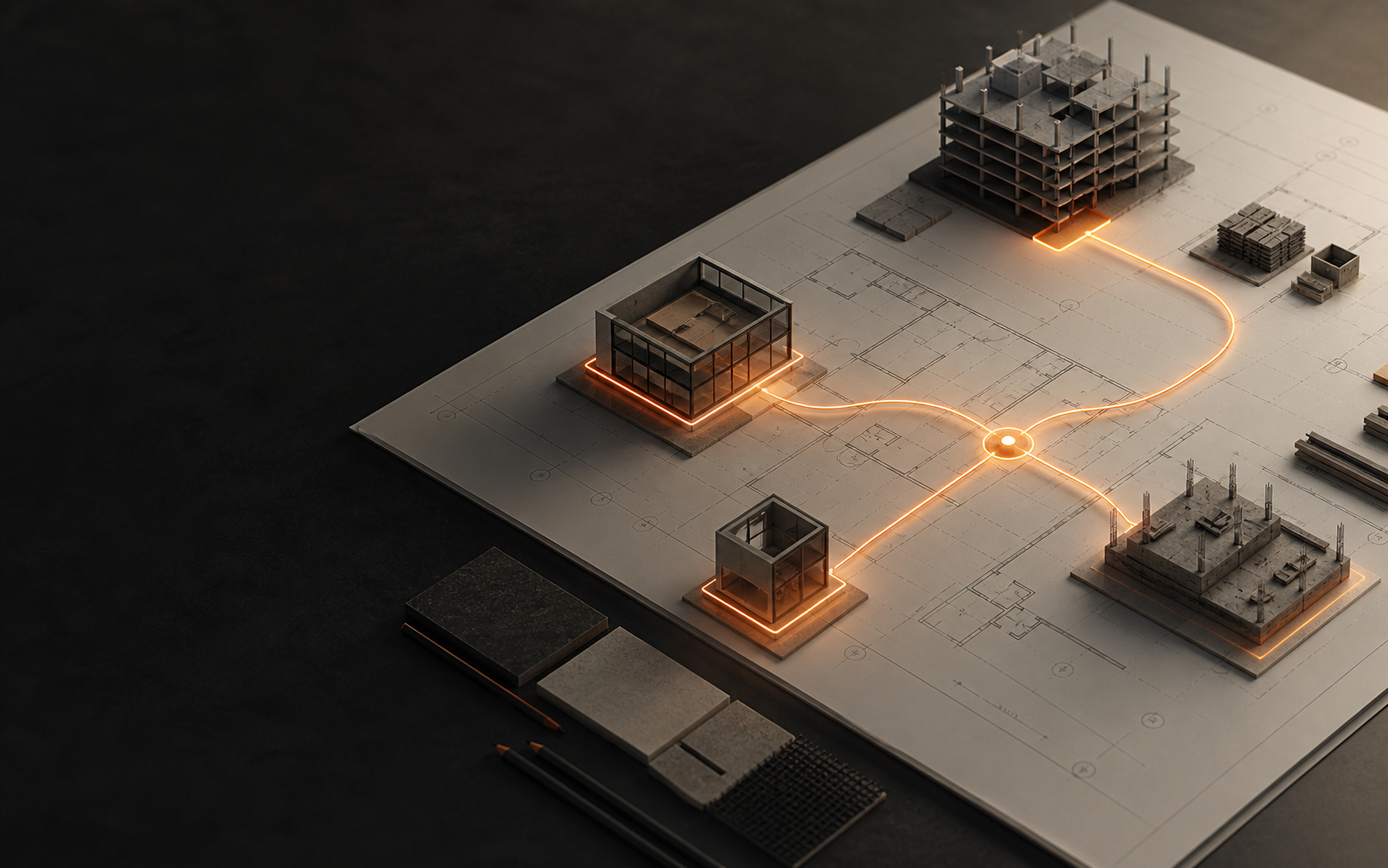 Ilustración conceptual de ObraFluxo para la gestión de obras