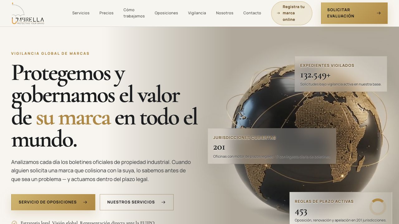 Página de inicio de Umbrella Brands con su propuesta global de protección de marcas