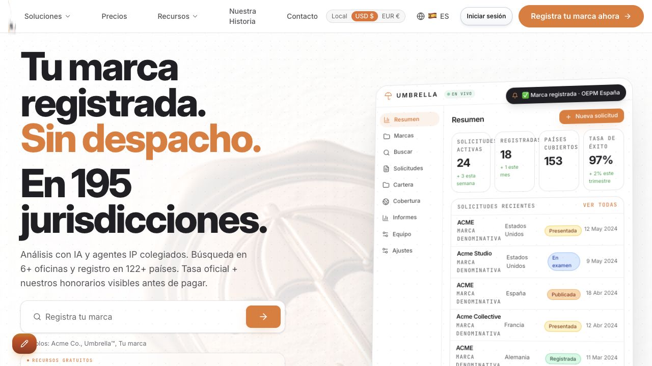 Página pública de Umbrella Brands Go para registro internacional de marcas